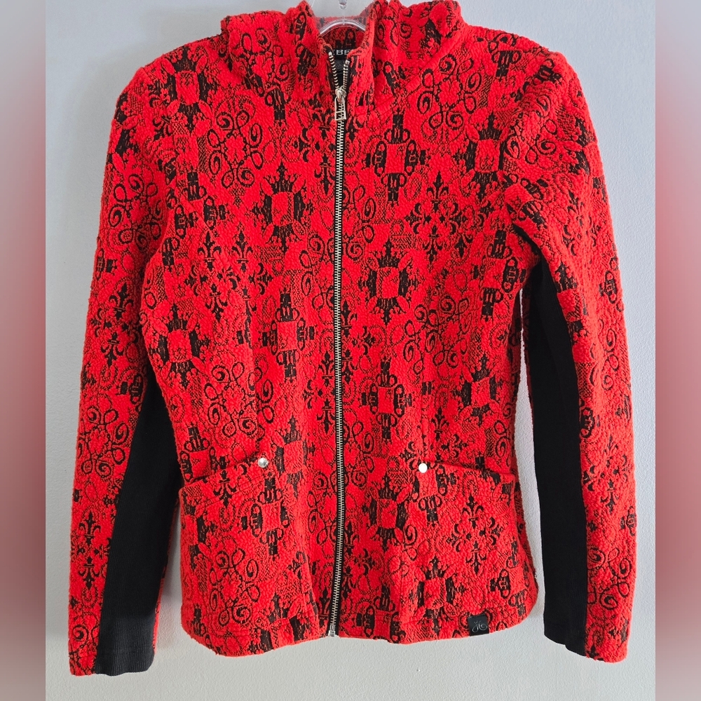 Tonia Debellis Hooded Salmon Red Black Jacket Size S Full Zip‎ Textured Luxury